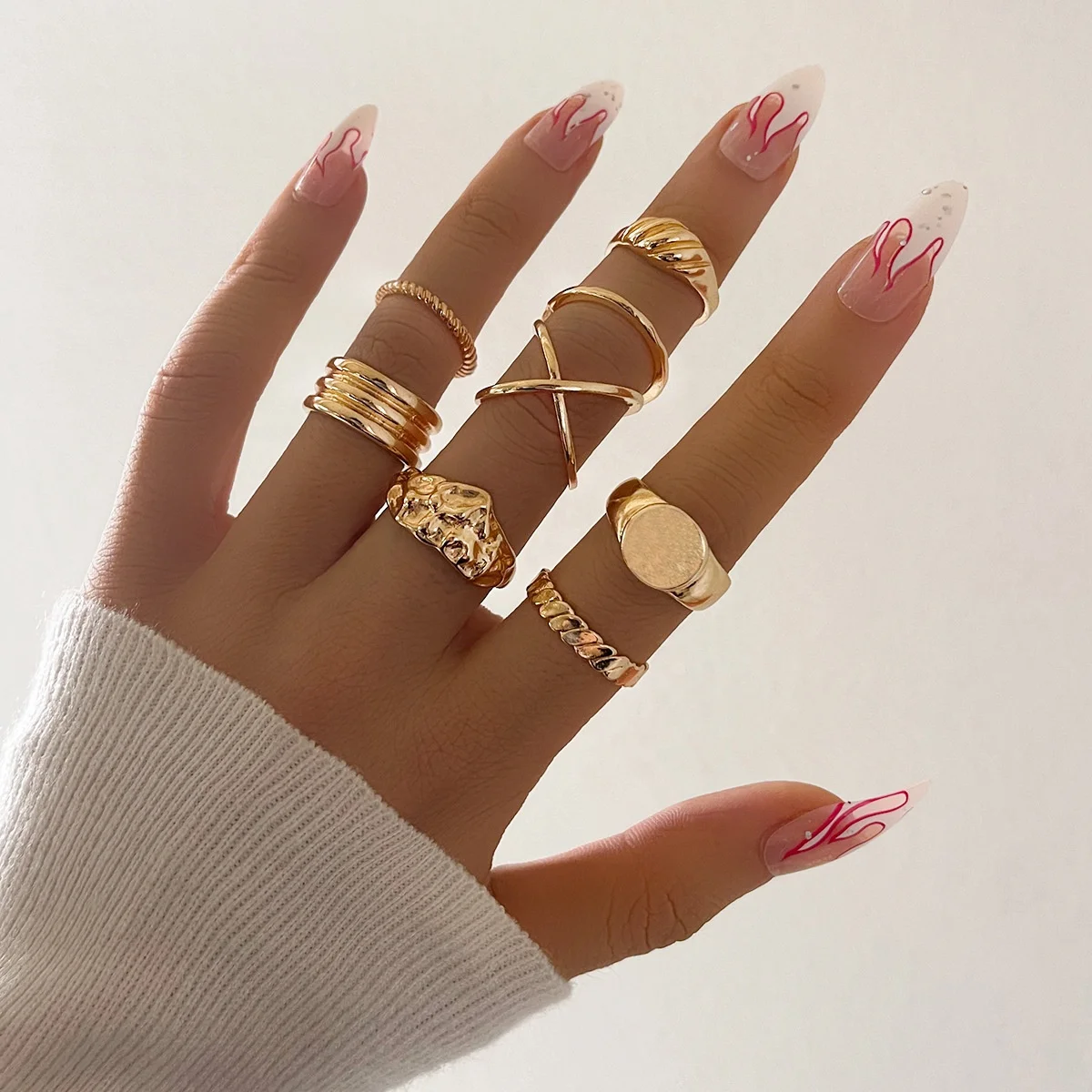 

8pcs Women's Personality simple fashion irregular metal ring set, Gold