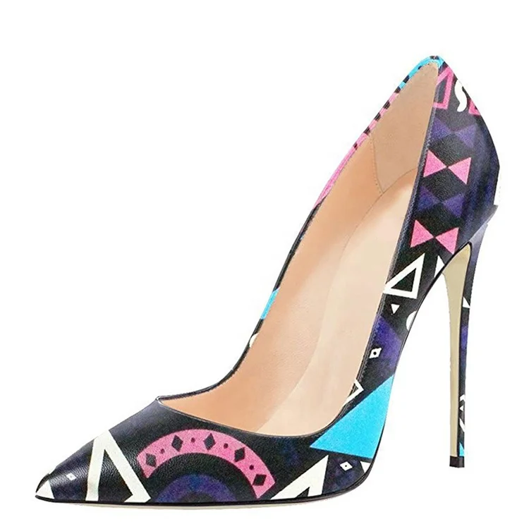 

new women colorful image print dress shoes ladies large size 45 high heel pumps shoes ladies stiletto, Black