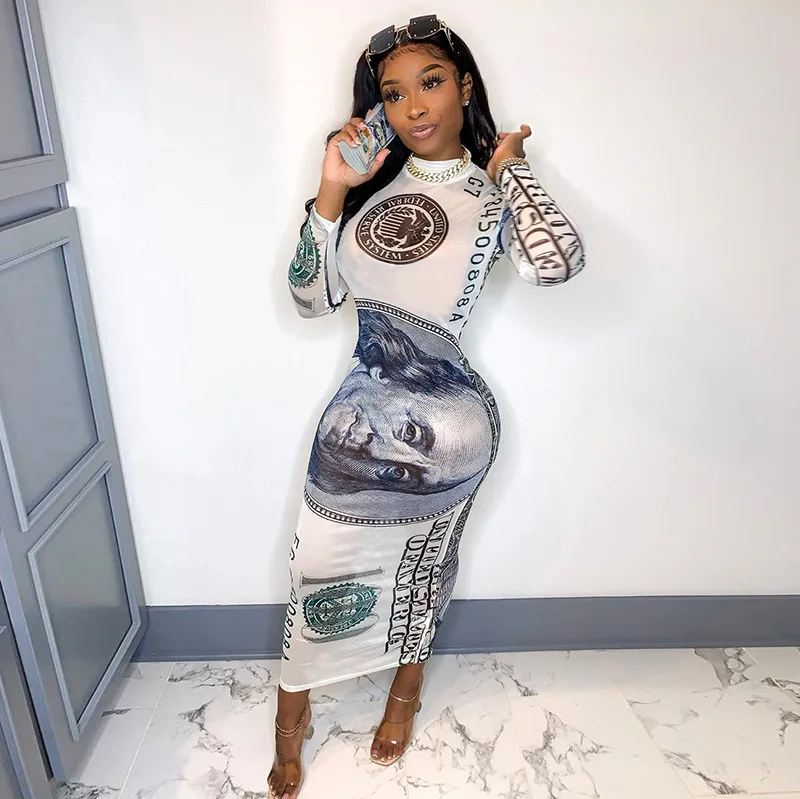 

FALL 2020 Women's Maxi Long Straight Dress Long Sleeve Fashion Dollar Printed Nightclub Female Bodycon Dresses, White