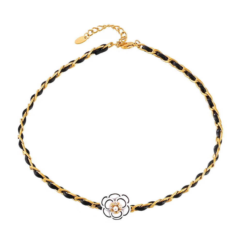 Fresh Personality Leather Rope Winding Jewelry Set Diamond Paint Design Sense Camellia Pendant Stainless Steel Necklace