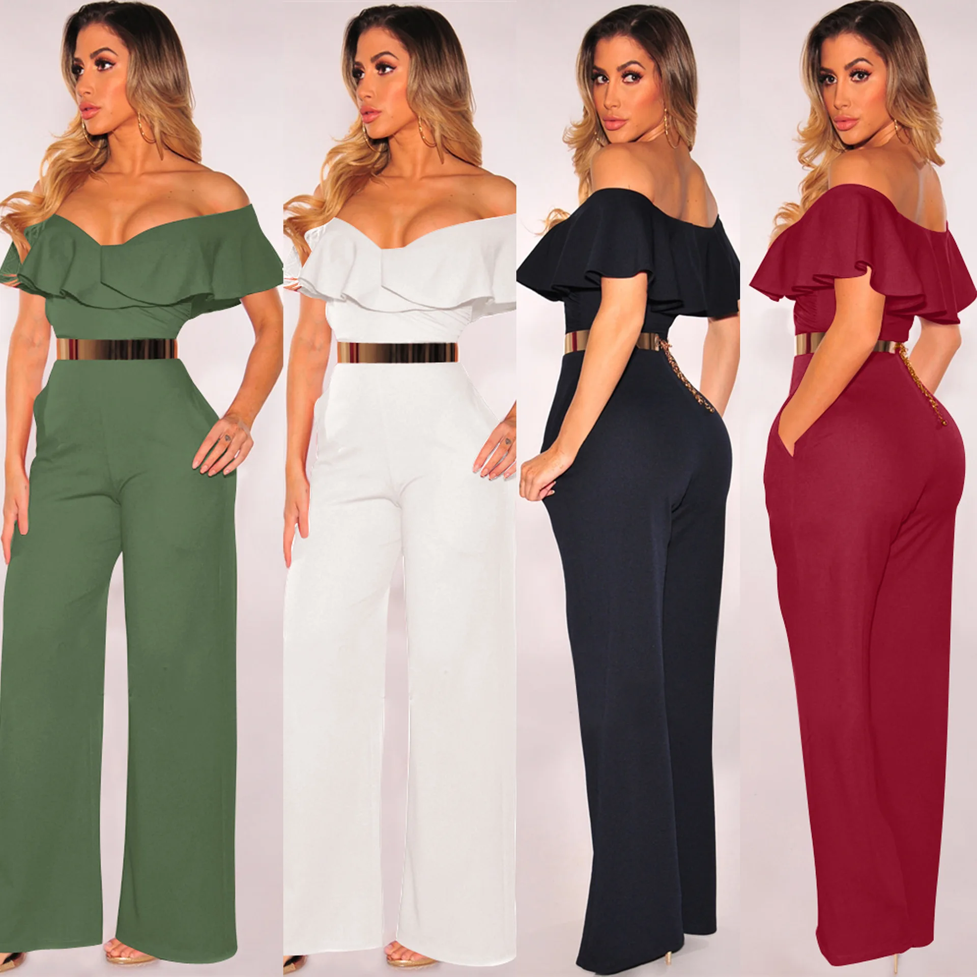 

Elegant Lady Wide Leg Strapless Ruffled Collar Womens One Piece Metal Belt V Neck Off Shoulder Rompers Jumpsuits, White/black/red/army green