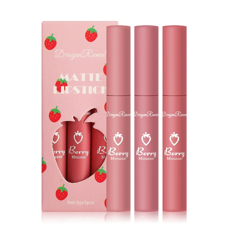 

3 Strawberry Set Set Box Velvet Matte Matte Lip Glaze Lipstick Lip Gloss Female Non-stick Cup Cute Set