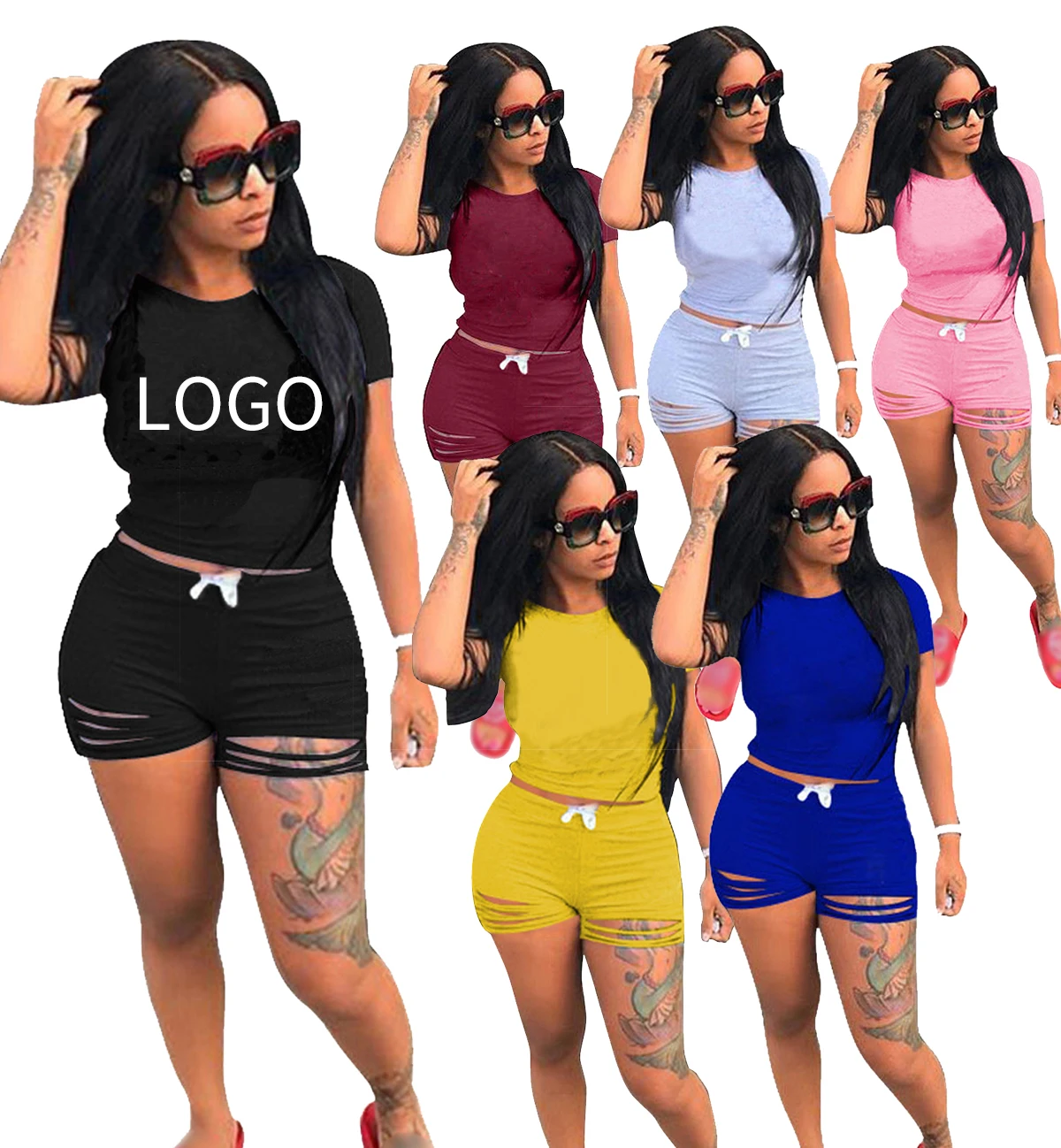 

custom women two 2 piece girls workout 2021 biker shorts set neon