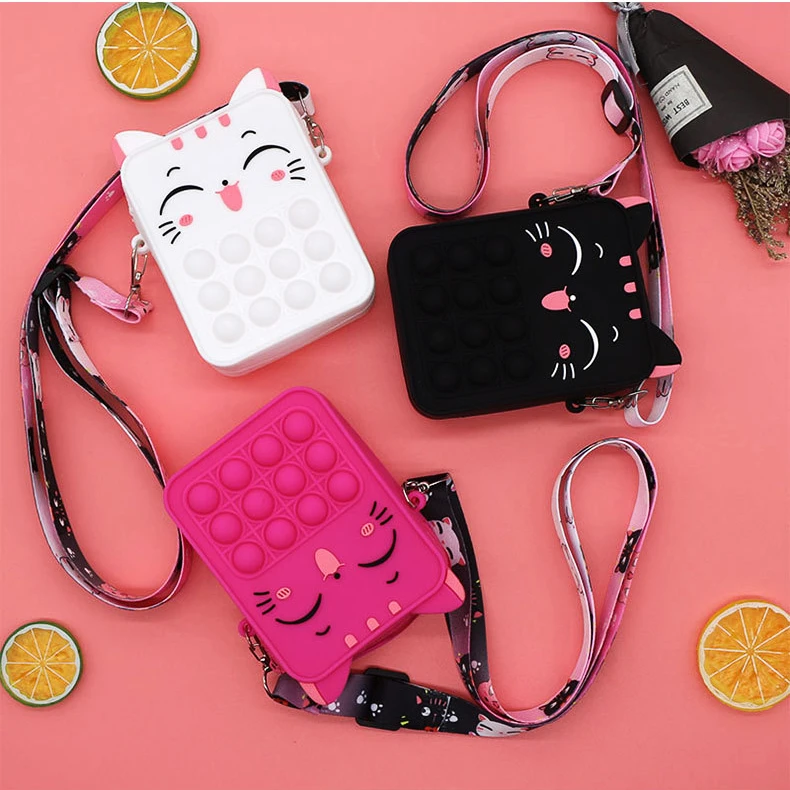 

New Fashion Silicone Children Kids Fidget Popit Cross Body Cute Mini Cat Shoulder Bag Handbag Zipper Push Popping its Coin Purse, 4 colors
