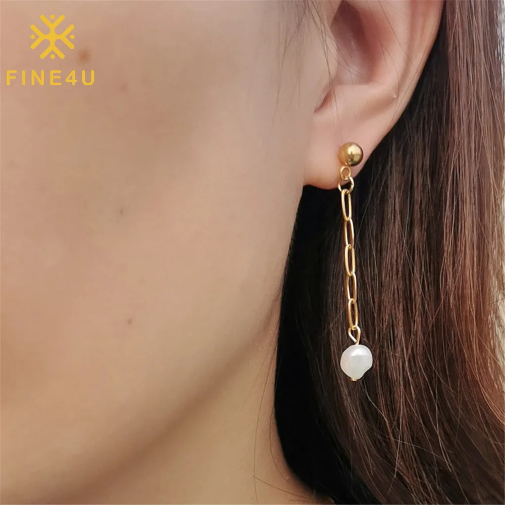 

Trendy Fashion Women Jewelry Stainless Steel Paper Clip Chain Dangle Fresh Water Pearl Drop Earrings