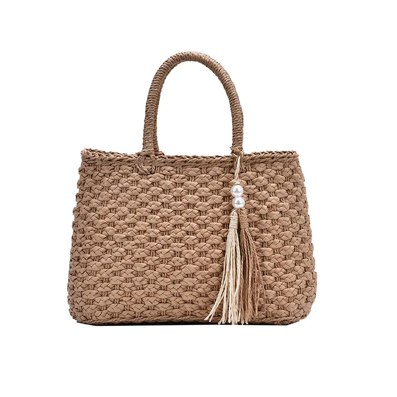 

OEM straw basket bag ladies beach fashion bucket tote handbag with tassel pearls, Customizable