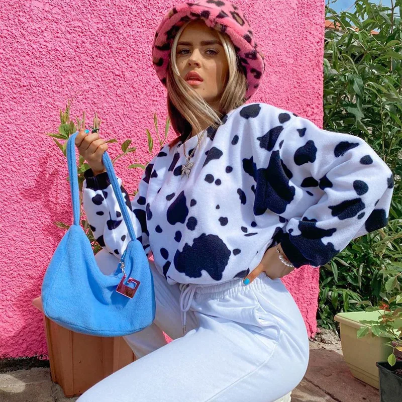 

Vintage Casual Long Sleeve Pullover Crew Neck Cropped Cow Printed Hoodies Oversize Girl, 1colors in stock