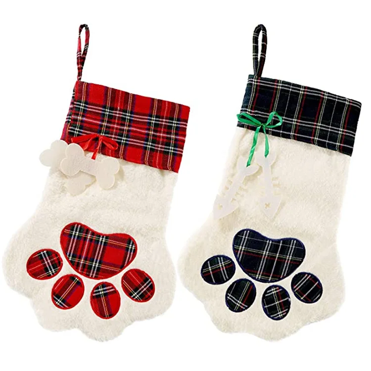 

New Arrival Cute Christmas Santa Socks Red Plaid Snowflake Cat Dog Paw Storage Bag Festival Ornament For Home Decoration, 4 styles can choose