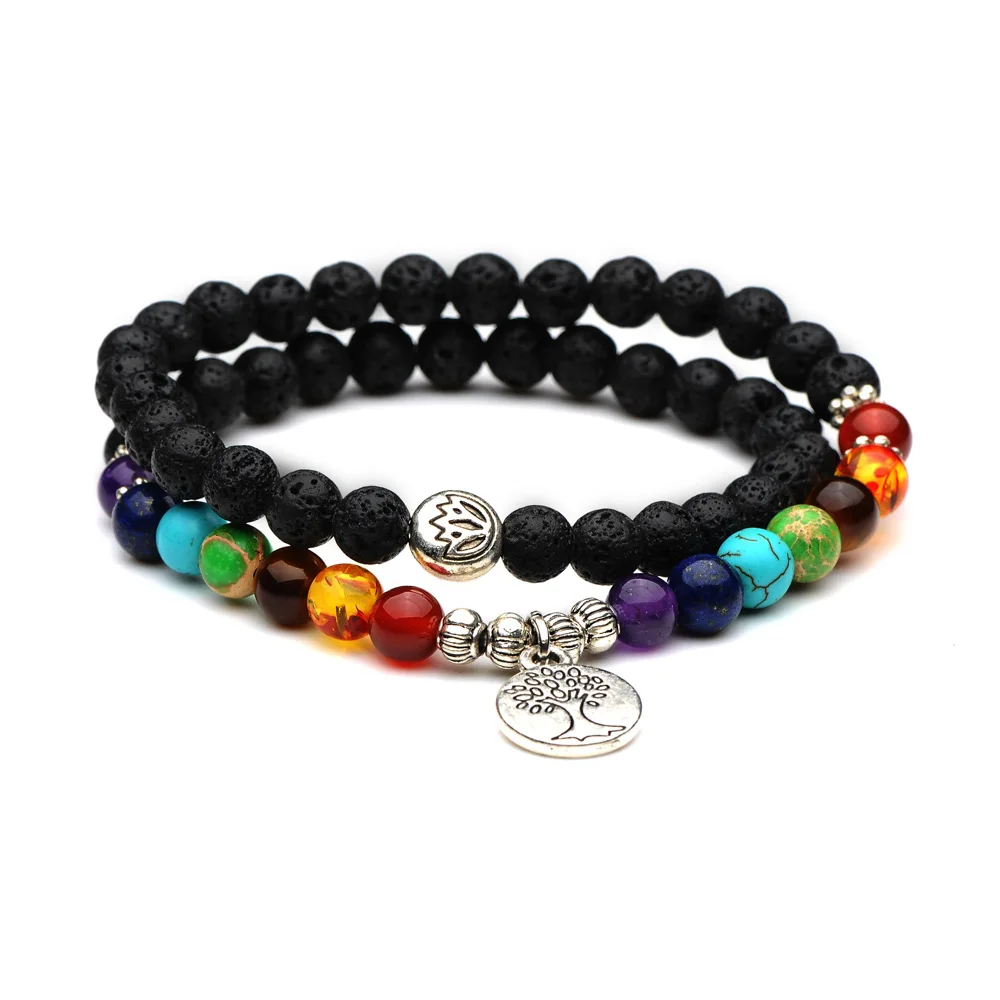 

6mm Seven Chakra Tree of life Buddha Lotus Black Lava Stone Beads Bracelet Women Men Bangle Beaded Wrap Hand Strings