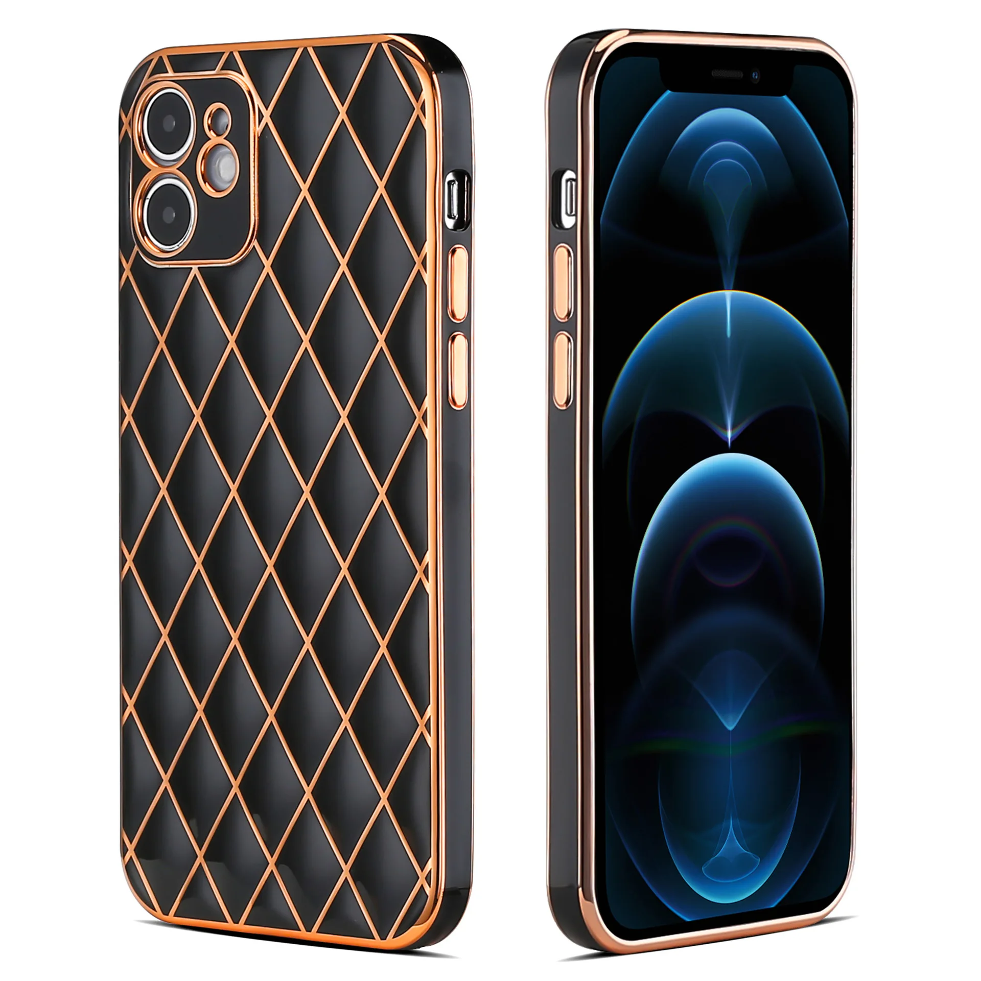 

Luxury Plating Rhombic Lambskin TPU Phone Case for iPhone 12 Pro Max XS 11 12 Mini, Black, gray, pink, white, dark green, green