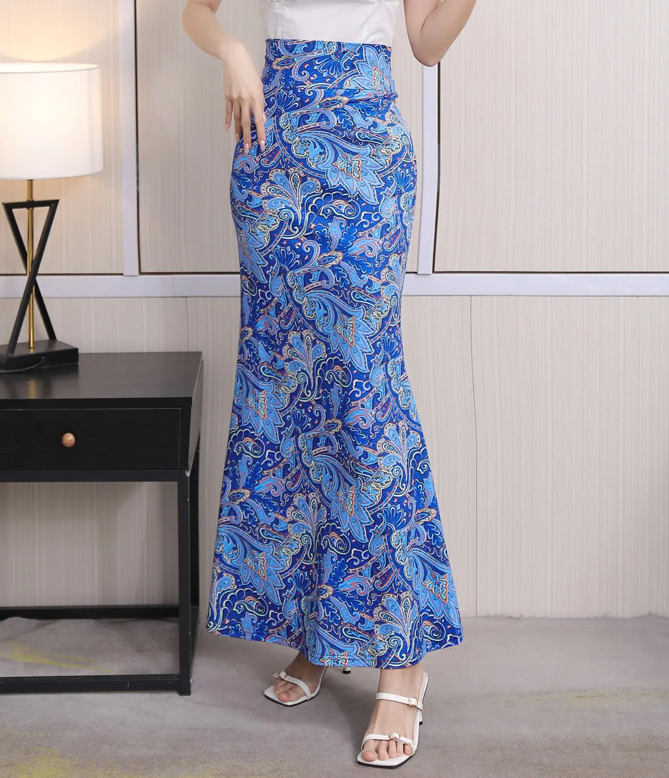 S-3XL  Spring/Summer European and American Skirts High Waisted Elastic Skirt Printed Wrap Buttocks Fishtail Skirt