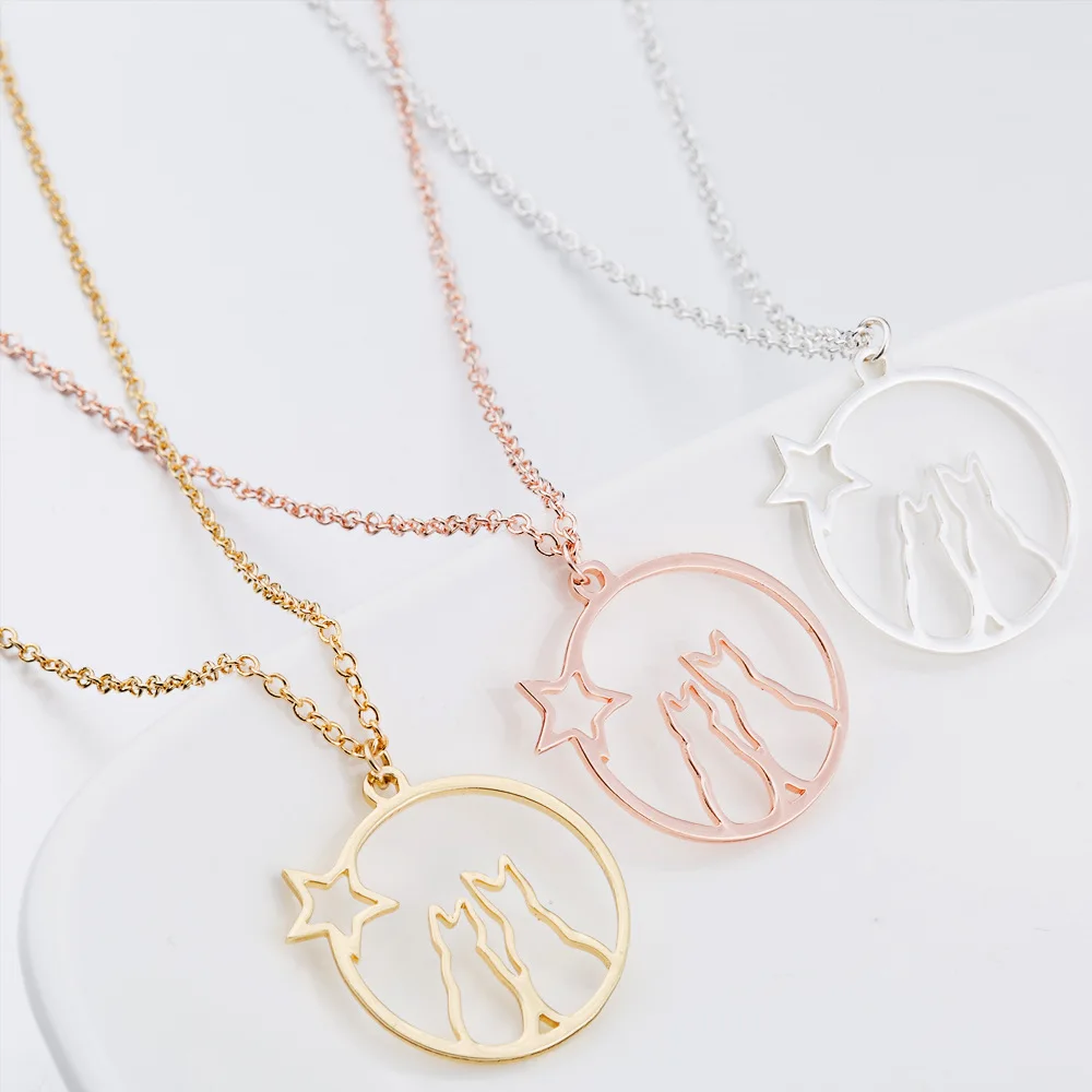 

Sweet And Cut Cat Stainless Steel Necklace Couple Star Moon Trendy Pendant Necklace, Picture