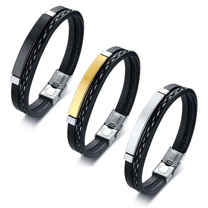 

Stainless Steel Double Leather Bracelet Men Snap Buckle Customizable Bracelet, Gold,silver,black