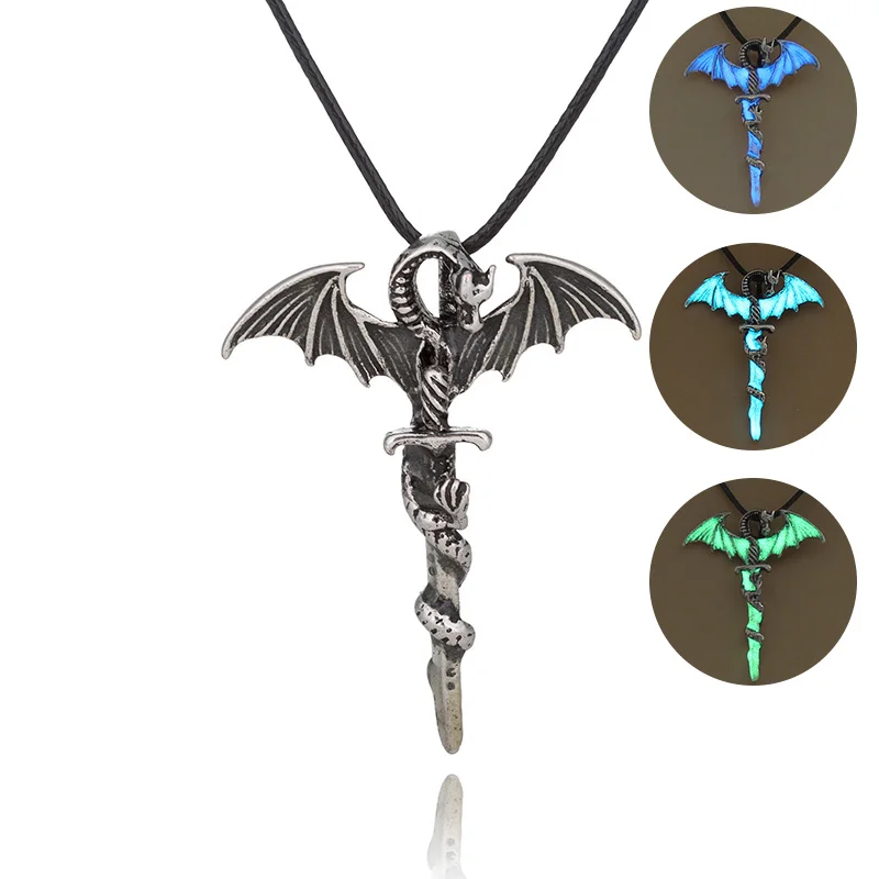 

Glow In The Dark Wax Rope Ancient Silver Dragon Luminous Jewelry Necklace 3 Colors Optional