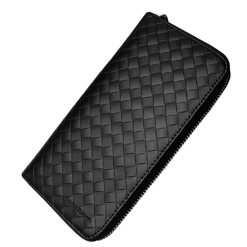 

MW018 Customizable woven pattern long zipper phone bag purse charms card wallet luxury Genuine Leather wallets mens