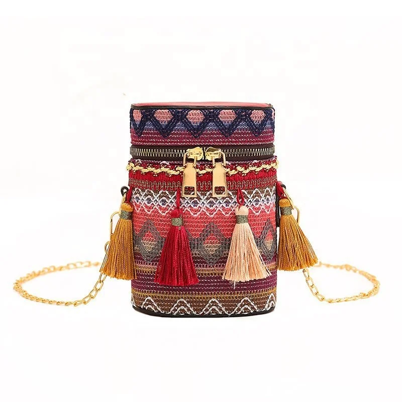 

2021 new bohemian ethnic style tassel woven bucket messenger bag for women, Red,blue,brown