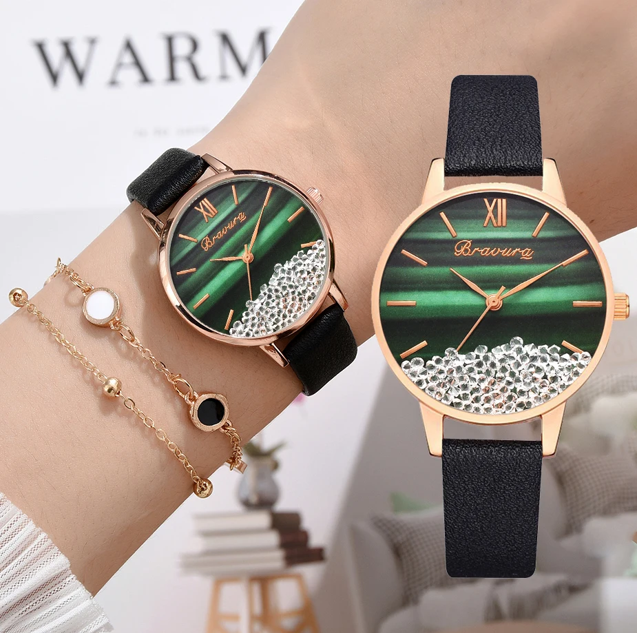 

Bravura Brand 2pcs Set Fashion Watch For Women Removable Rhinestones Green Dial Dress Ladies Wrist Watch Quartz Bracelet Clock