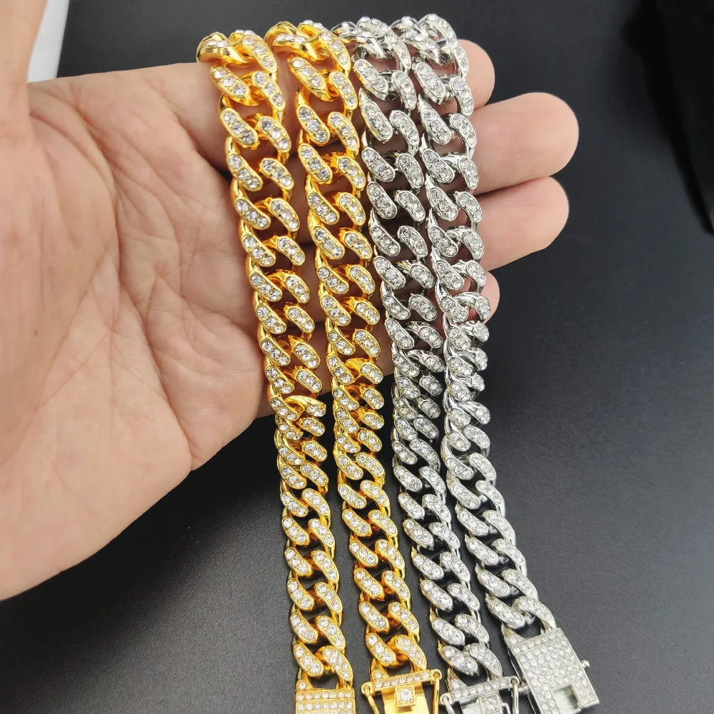 

Hotsale New Design Hips Hops 12mm Iced Out Cuban Chain Necklace Inlay Bling Full Rhinestone Crystal Cuban Chain Necklace
