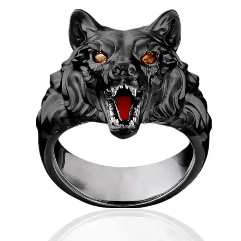 

European and American punk metal black wolf beast tribal warrior men's ring