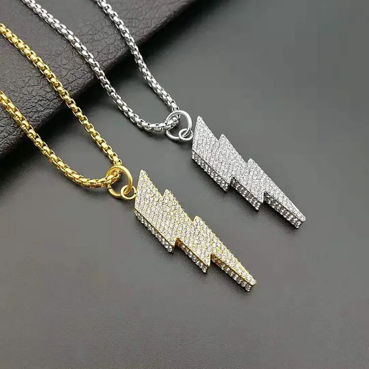 

wholesale jewelry factory custom men's high polish gold paved iced out full diamond 316l stainless steel lightning pendant