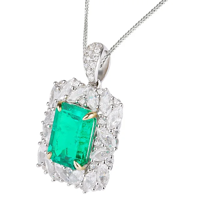 

Anster 9k Solid Gold Pendant 4.025ct Rectangle CZ Emerald Drop Statement Necklace, Closed to natural columbian muzo green