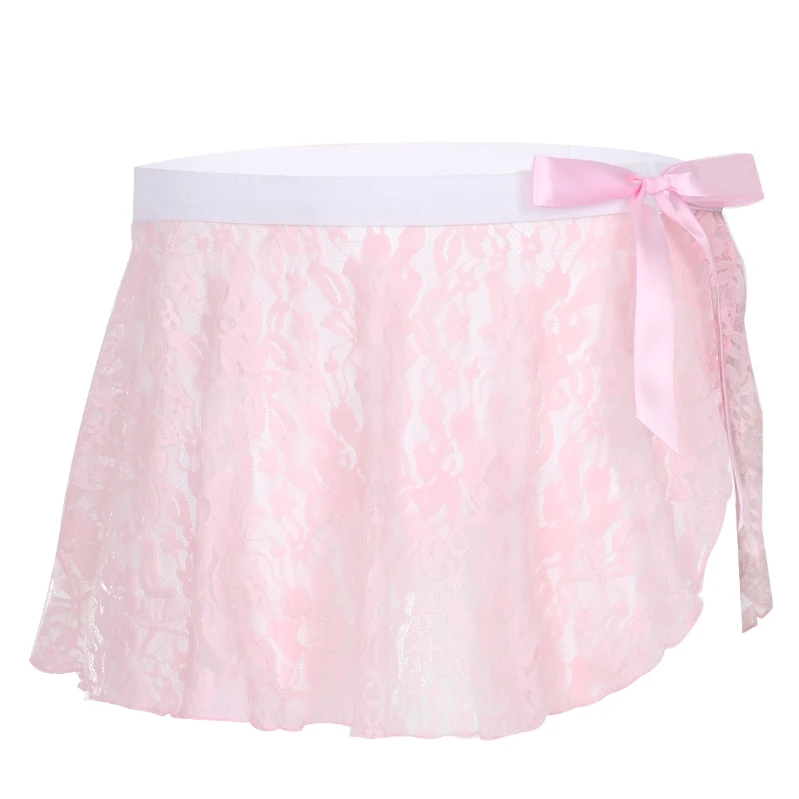 

Fashion Men Pink Sexy Bowknot Sheer Lace Mid Rise Lingerie Micro Mini Sissy Skirt