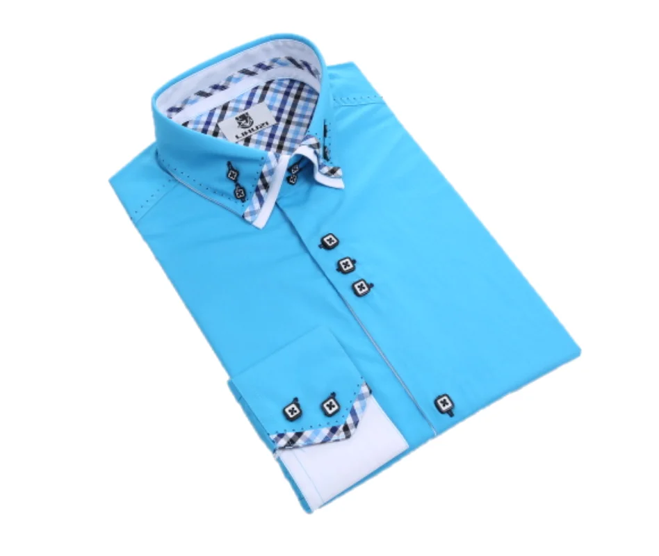 

2021 New Italy style blue contrast color men double collar business 100 cotton casual shirt, Request