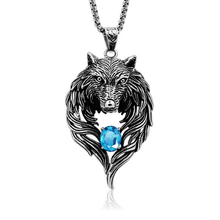 

Titanium Stainless Steel Wolf Head Pendant For Men And Women Set Diamond Lovers Sweater Necklace Jewelry, Steel color
