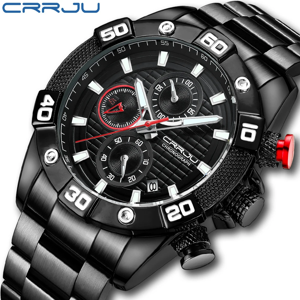 

CRRJU official store 2021 newest big chronograph full stainless steel back man luxury watches Montre homme