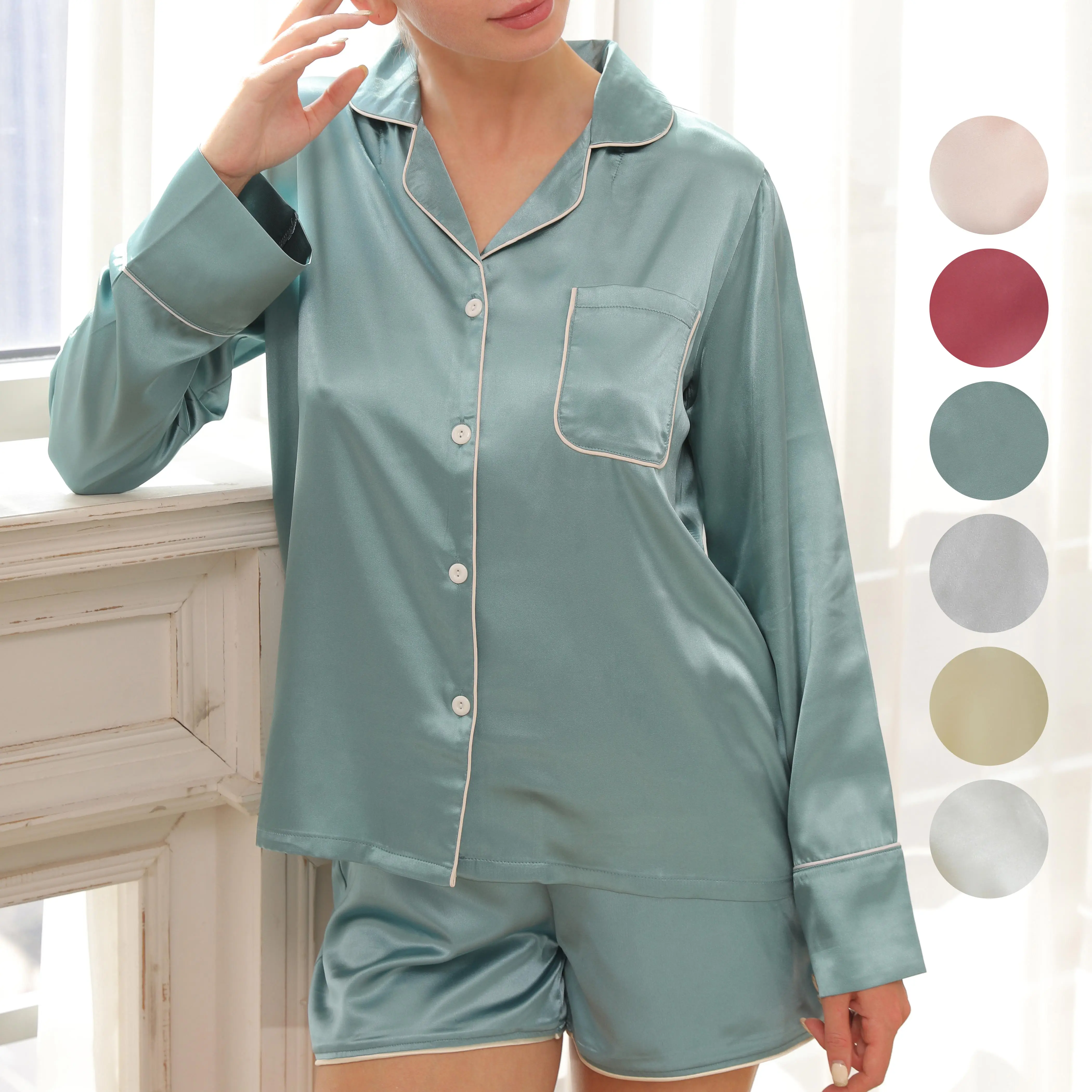 

Hot Sale Winter Long Sleeve Solid Color Cozy Two Pieces Pyjamas Plus Size Sexy Satin Silk Sleepwear Set For Women