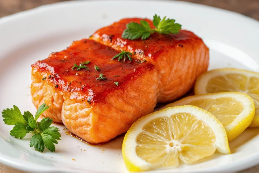 Photograph of pepper jelly glazed salmon on white plate with fresh herbs and lemon wedges