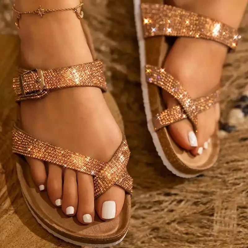 

Comfortable Fashion Style Rubber Sole Women Diamond Open Toe Slides Leather Female Sandals with Buckle, 3 colors
