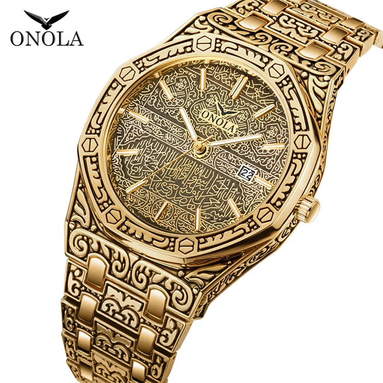 

ONOLA 3812 Relogio Masculino Men Analog Quartz Fashion Luxury Gold Stainless Steel Wristwatch antique bronze watch for Men