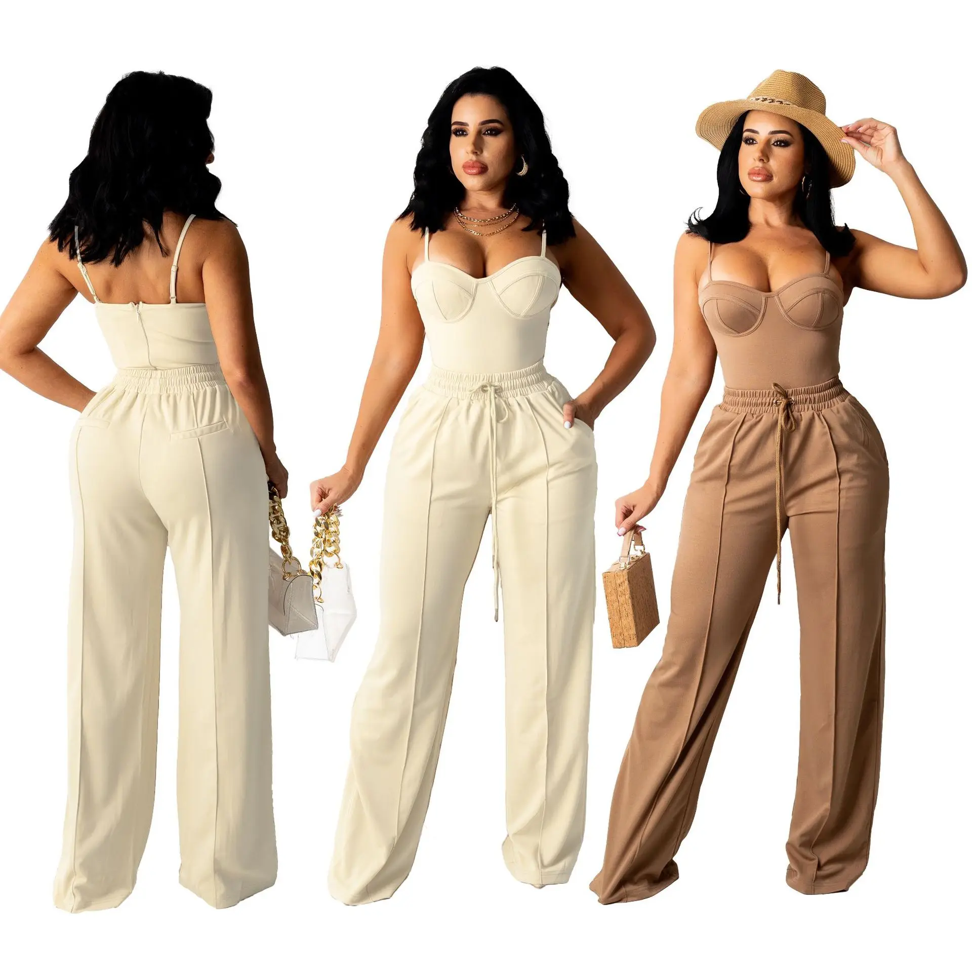 

New Arrive Female Summer Outdoor Solid Color Sexy Casual Halter Jumpsuit Women Top Wide Leg Trouser Suit