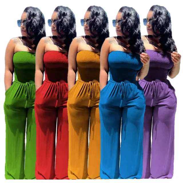 

women new Jumpsuits Fashionable Home Pants Solid Color Tube Top Wide Leg Jumpsuit