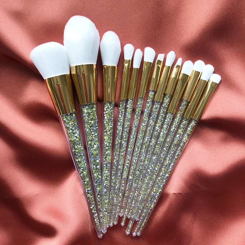 

13pcs green bling sparkle diamond makeup brushes glitter rhinestone glitter crystal private label quartz make up brush set