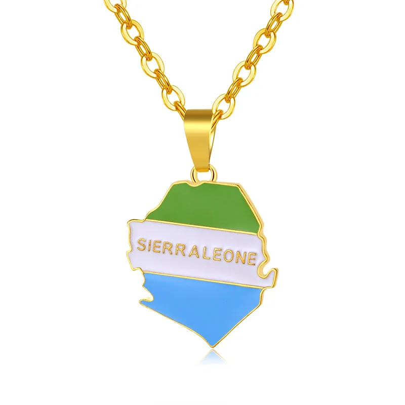 

Punk Hip Hops Real Gold Plated Titanium Steel Country Map Necklace Colorful Sierra Leone Map Necklace, Picture color