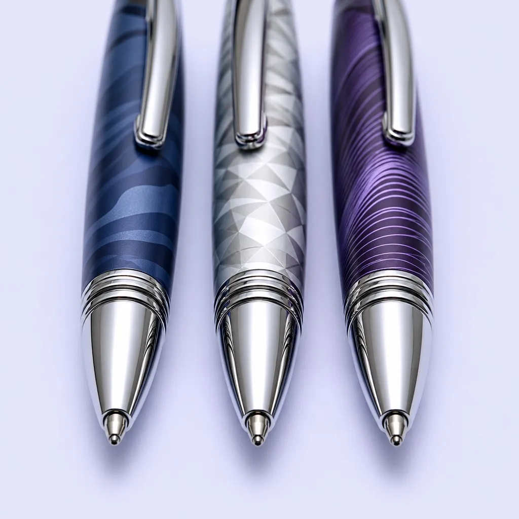 Close-up of pen barrels with marble, silver facet and concentric ring textures