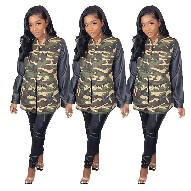 

EB-20121631 2020 New Arrivals Fall Winter Jacket Coats Women Long Sleeve PU Patchwork Camouflage Jackets For Ladies