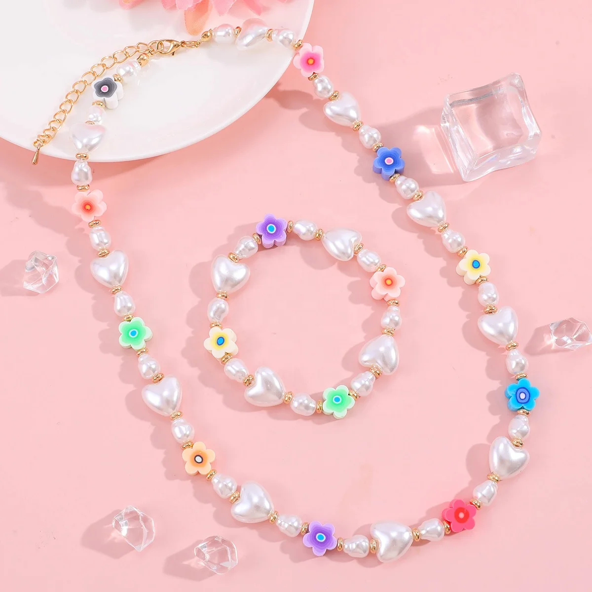 

heart flower children necklace bracelet set adjustable pearl jewelry for kids