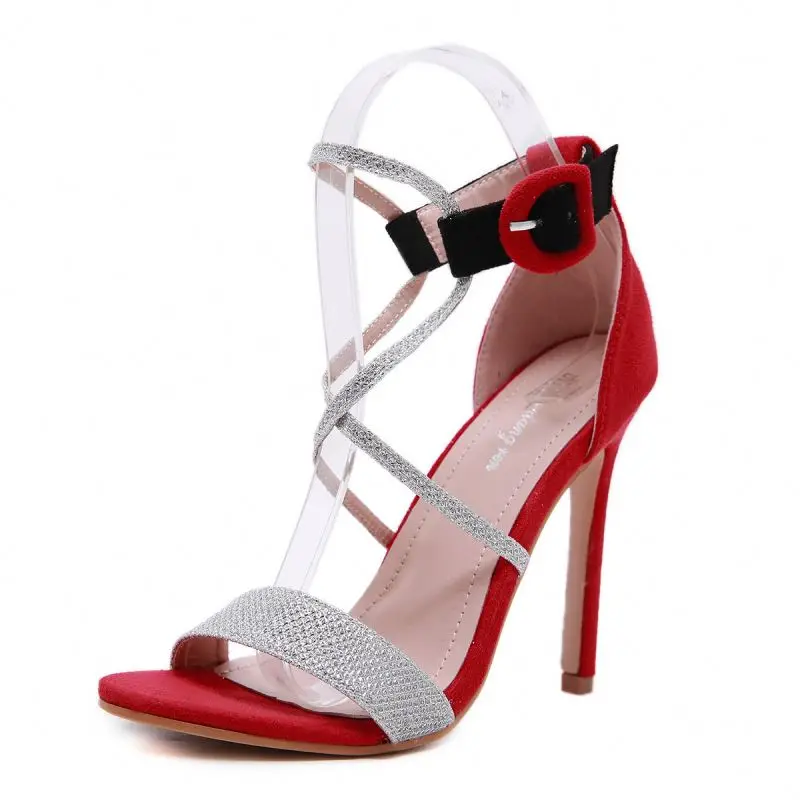 

2021 europe american fashion patchwork color hollow out rhinestone women sexy evening party high heels, Red, pink or customized