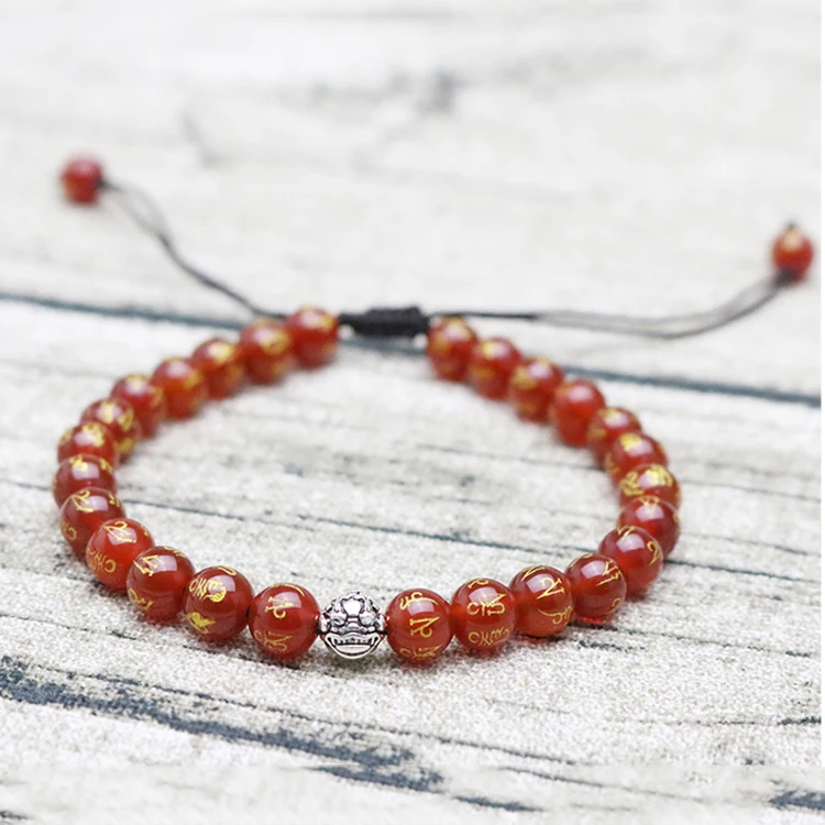 

BN1095 Dainty om mantra etched carved gold word agate Six-Syllables beads with sterling silver pixiu LUCKY bead bracelet