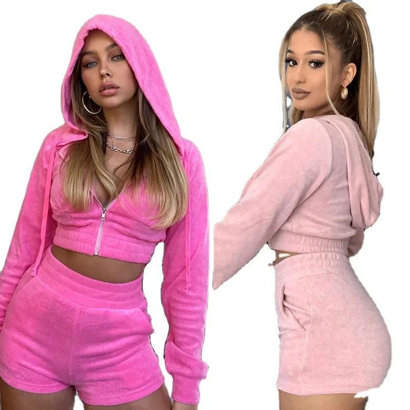 

Oversize long sleeve velvet jacket sports Hoodie two piece shorts women's wear, 3colors