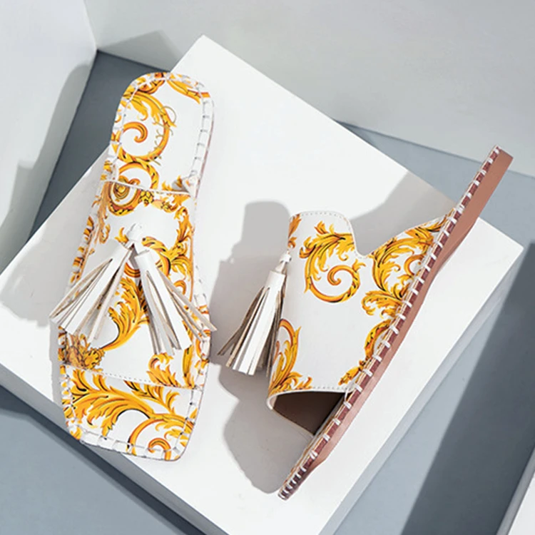 

2021 New Style Designer Womens Slides Slippers Elegant Flower Tassels Flat Women's Sandals, Black, white, red