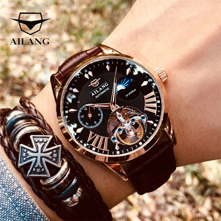 

AILANG Quality Tourbillon Men's Watch Men Moon Phase Automatic Watches Mechanical Transparent Steampunk Clock