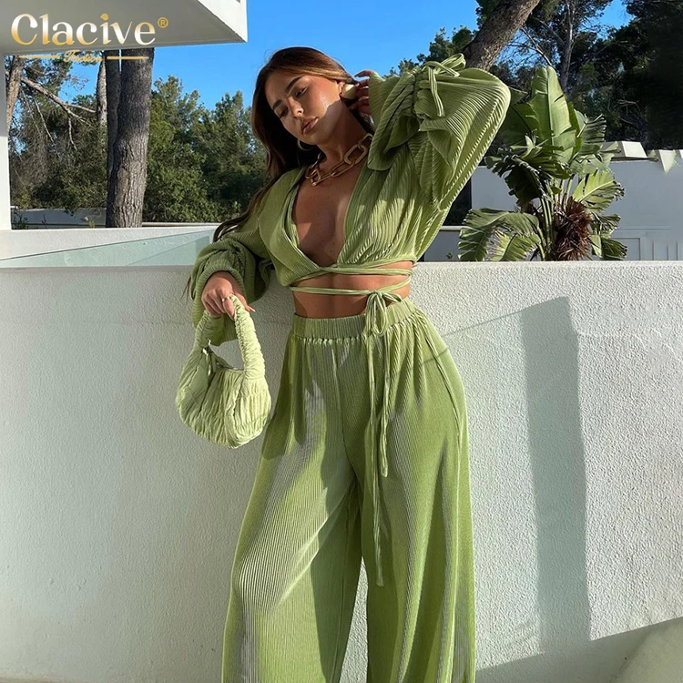 

Clacive Elegant Long Sleeve Bandage Blouses Shirt Matching Wide Trousers Suit Loose Pleated Sexy 2 Piece Pants Set Women, Green