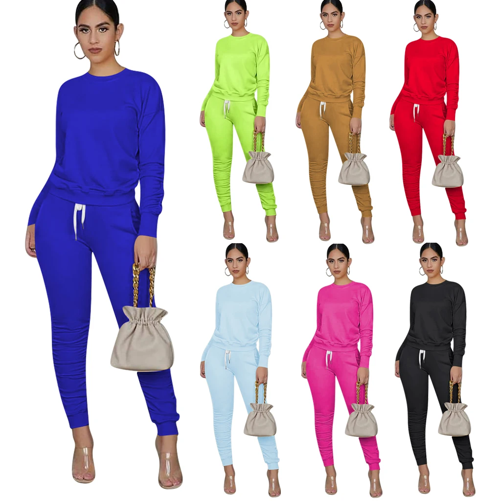 

2021 fashion casual solid color stacked leggings spring 2 piece set tracksuits for women