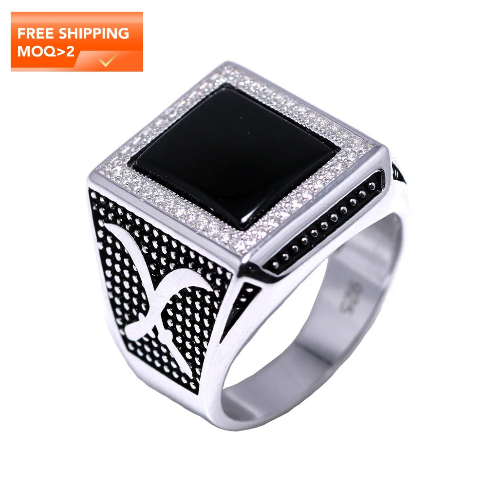 

Real Solid 925 Sterling Silver Rings for Man with Black Natural Onyx Micro Paved Cubic Zircon Cross Broadsword Pattern Hiphop