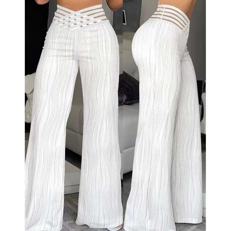 RNSHANGER Elegant High Waist Flared Pants for Women Overlap Waisted Textured Crisscross Sheer Mesh Design Female Work Trousers