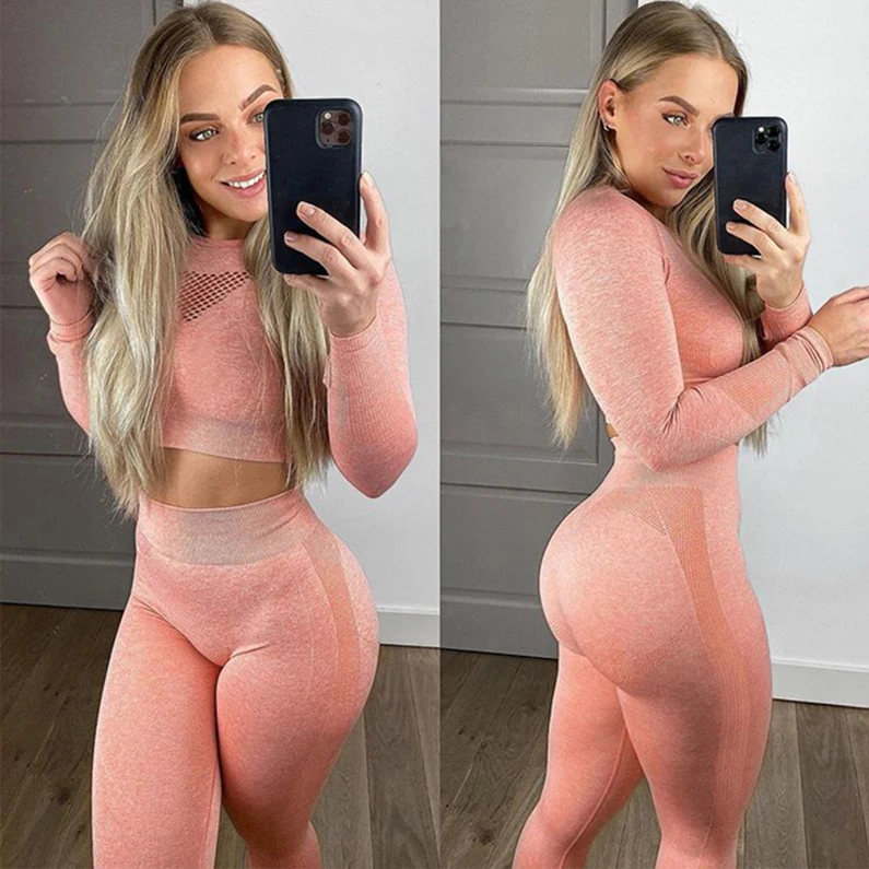 

Seamless Gym Clothing For Women Workout Yoga Set High Waist Seamless Shorts Fitness Yoga Longsleeve Crop Top Legging Bra Set, Different color available